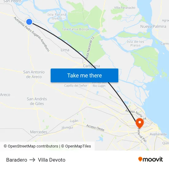 Baradero to Villa Devoto map