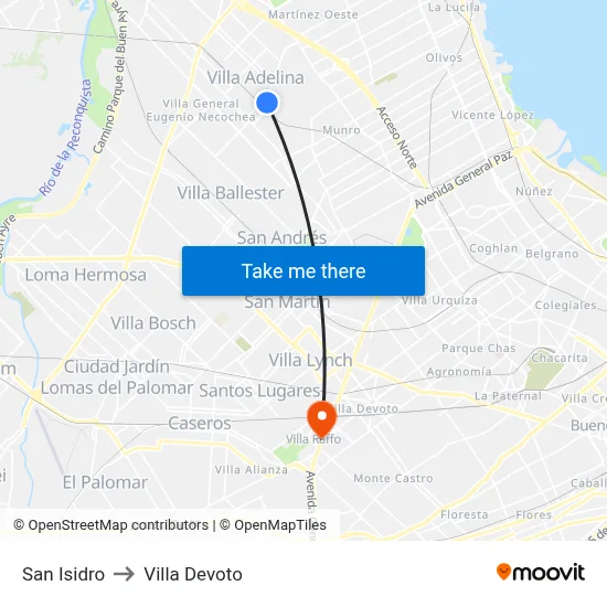 San Isidro to Villa Devoto map