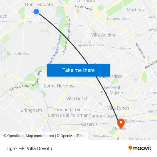 Tigre to Villa Devoto map