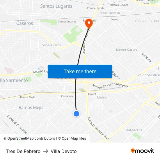 Tres De Febrero to Villa Devoto map