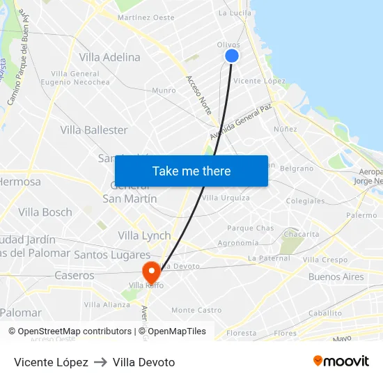 Vicente López to Villa Devoto map