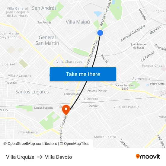 Villa Urquiza to Villa Devoto map