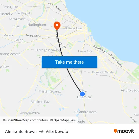Almirante Brown to Villa Devoto map