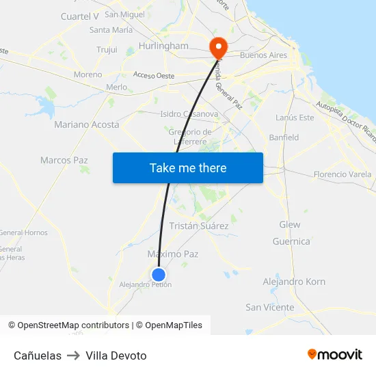Cañuelas to Villa Devoto map