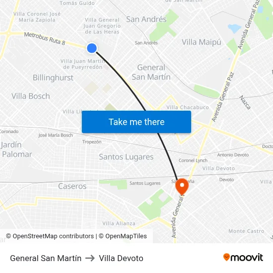 General San Martín to Villa Devoto map