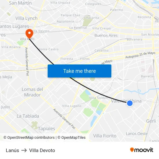 Lanús to Villa Devoto map