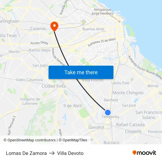 Lomas De Zamora to Villa Devoto map