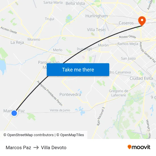 Marcos Paz to Villa Devoto map