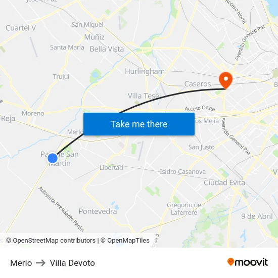 Merlo to Villa Devoto map