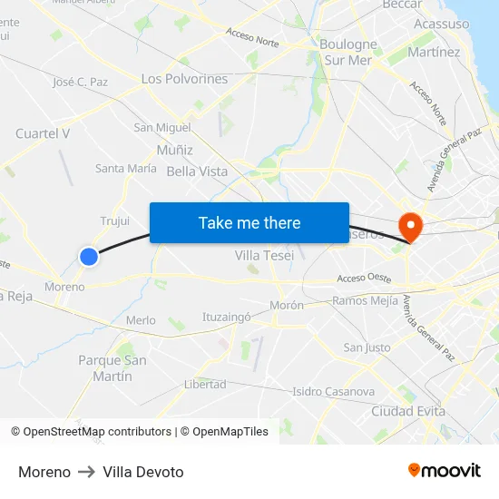 Moreno to Villa Devoto map