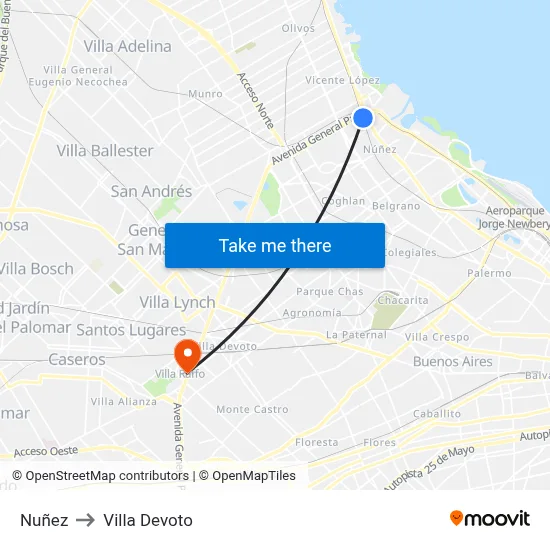 Nuñez to Villa Devoto map