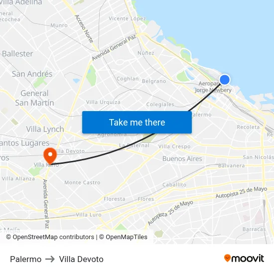 Palermo to Villa Devoto map