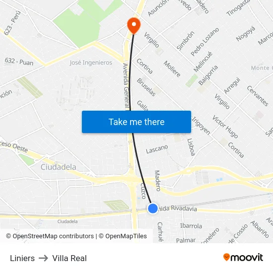 Liniers to Villa Real map