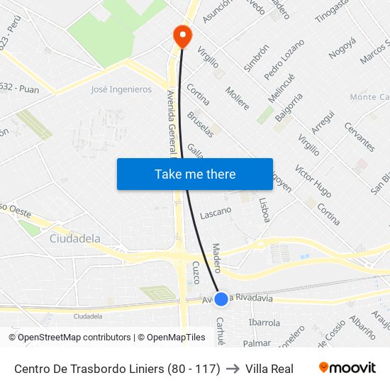 Centro De Trasbordo Liniers (80 - 117) to Villa Real map
