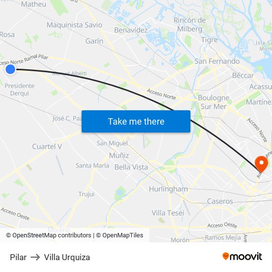 Pilar to Villa Urquiza map