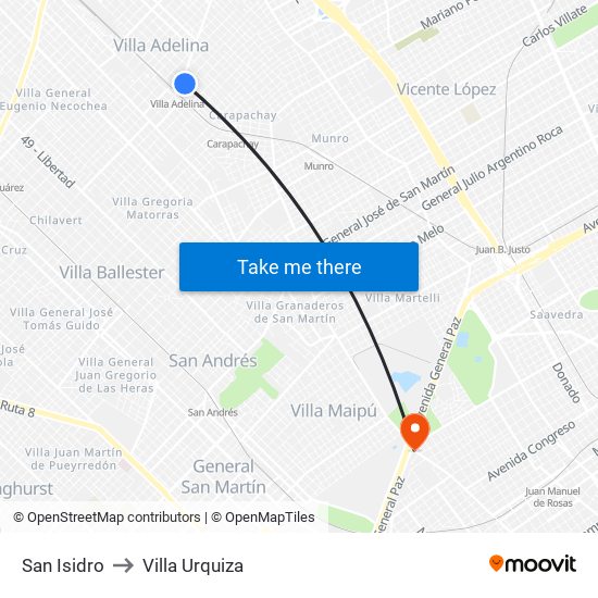 San Isidro to Villa Urquiza map