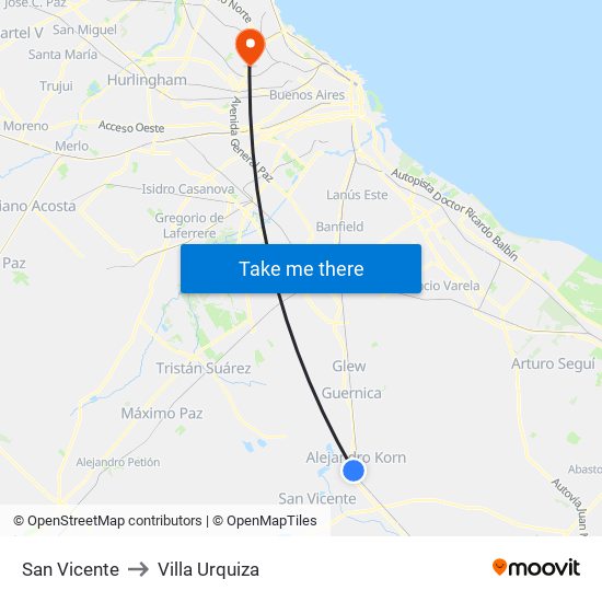 San Vicente to Villa Urquiza map