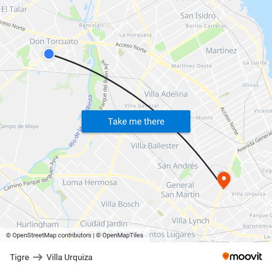 Tigre to Villa Urquiza map