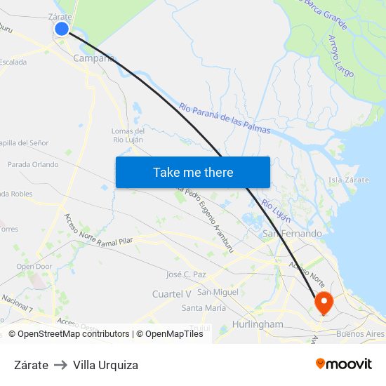 Zárate to Villa Urquiza map