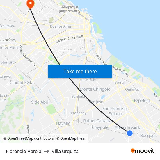 Florencio Varela to Villa Urquiza map