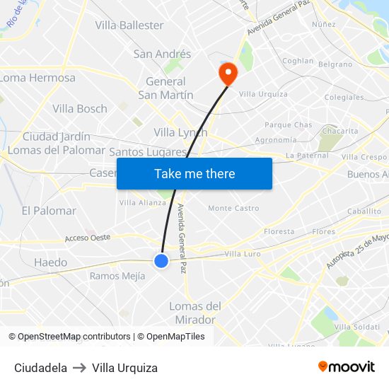 Ciudadela to Villa Urquiza map