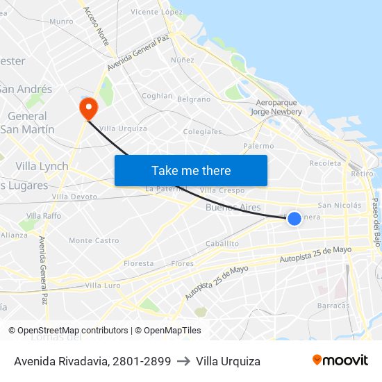 Avenida Rivadavia, 2801-2899 to Villa Urquiza map