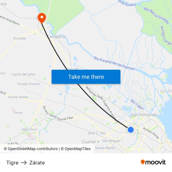 Tigre to Zárate map