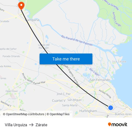 Villa Urquiza to Zárate map