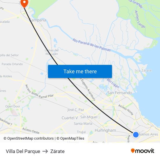 Villa Del Parque to Zárate map