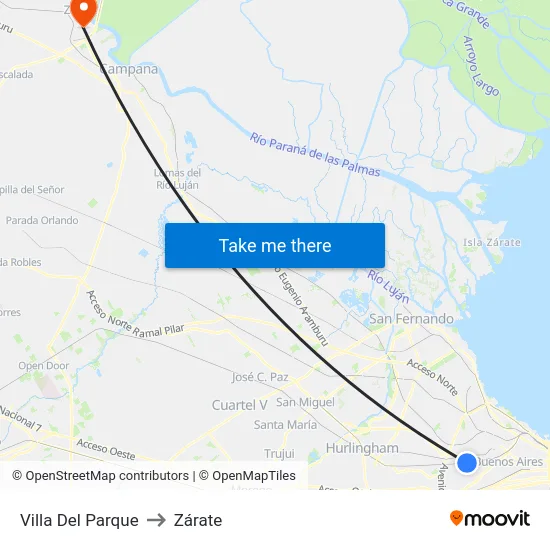 Villa Del Parque to Zárate map