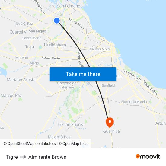 Tigre to Almirante Brown map