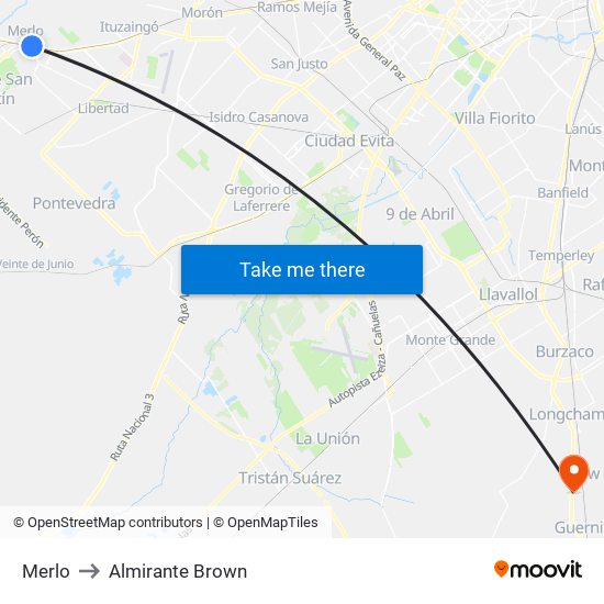 Merlo to Almirante Brown map