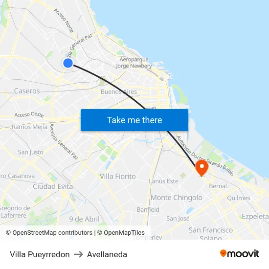 Villa Pueyrredon to Avellaneda map