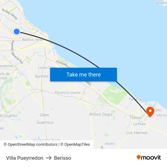 Villa Pueyrredon to Berisso map