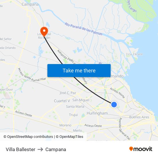 Villa Ballester to Campana map