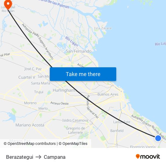 Berazategui to Campana map