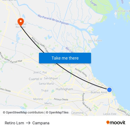 Retiro Lsm to Campana map