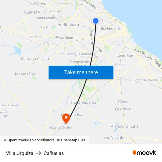 Villa Urquiza to Cañuelas map