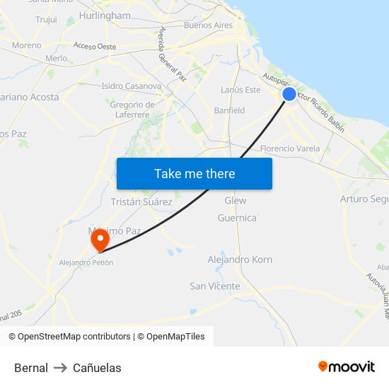 Bernal to Cañuelas map