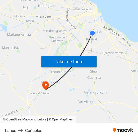 Lanús to Cañuelas map