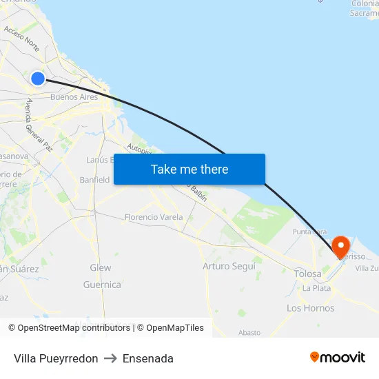 Villa Pueyrredon to Ensenada map