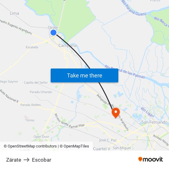 Zárate to Escobar map