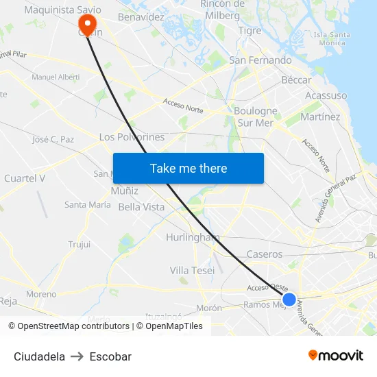 Ciudadela to Escobar map