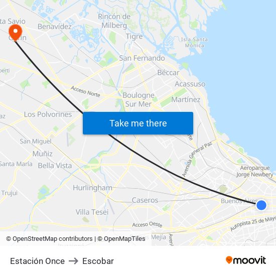 Estación Once to Escobar map