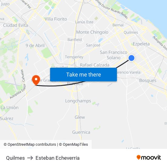 Quilmes to Esteban Echeverría map