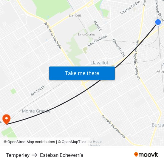 Temperley to Esteban Echeverría map