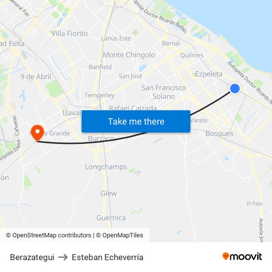 Berazategui to Esteban Echeverría map