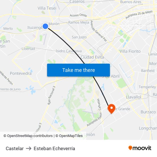 Castelar to Esteban Echeverría map
