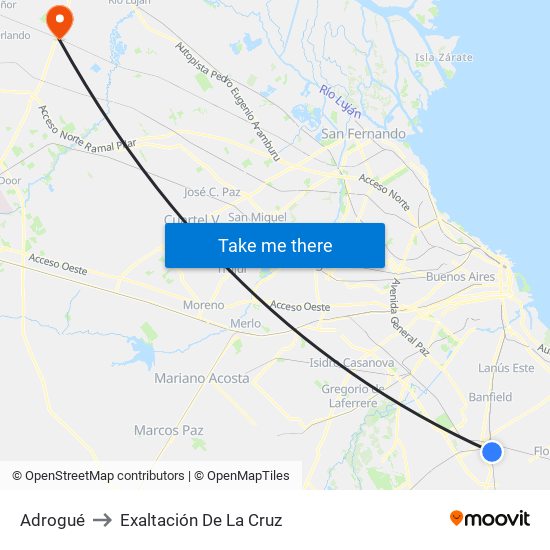 Adrogué to Exaltación De La Cruz map