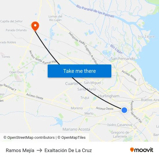Ramos Mejía to Exaltación De La Cruz map